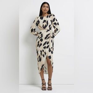 River Island Leopard Print Satin Wrap Midi Dress - Size 8 -STUNNING